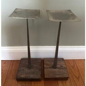 2 Brutalist MCM pottery barn Pillar Candle Holders, Rustic Wood & Metal set pair